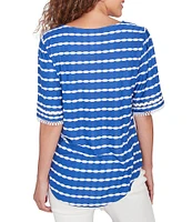 Ruby Rd. Textured Knit Stripe Scoop Neck Elbow Sleeve Shirttail Tee Top