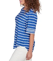 Ruby Rd. Textured Knit Stripe Scoop Neck Elbow Sleeve Shirttail Tee Top