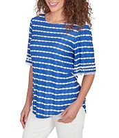 Ruby Rd. Textured Knit Stripe Scoop Neck Elbow Sleeve Shirttail Tee Top