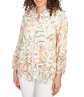 Ruby Rd. Coordinating Tropical Fern Print 3/4 Sleeve Lace Embroidered Scallop Edge Button-Front Shirt