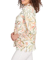 Ruby Rd. Coordinating Tropical Fern Print 3/4 Sleeve Lace Embroidered Scallop Edge Button-Front Shirt