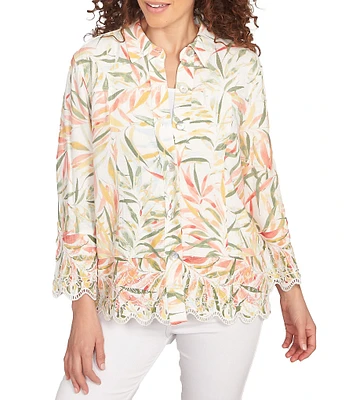 Ruby Rd. Coordinating Tropical Fern Print 3/4 Sleeve Lace Embroidered Scallop Edge Button-Front Shirt
