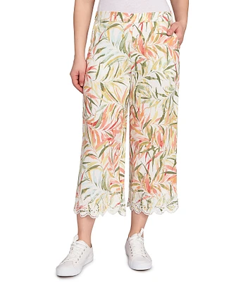Ruby Rd. Coordinating Tropical Fern Pattern Embroidered Lace Scallop Edge Wide-Leg Pull-On Crop Pants