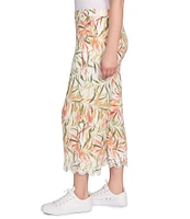Ruby Rd. Coordinating Tropical Fern Pattern Embroidered Lace Scallop Edge Wide-Leg Pull-On Crop Pants