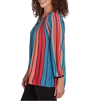 Ruby Rd. Multicolor Vertical Stripe Sweater Knit Ballet Keyhole Neck Bracelet Sleeve Top