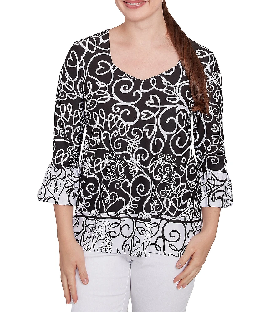 Ruby Rd. Whirlwind Heart Border Print Knit Sweetheart Neck 3/4 Sleeve Top
