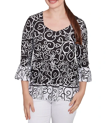 Ruby Rd. Whirlwind Heart Border Print Knit Sweetheart Neck 3/4 Sleeve Top