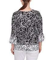 Ruby Rd. Whirlwind Heart Border Print Knit Sweetheart Neck 3/4 Sleeve Top