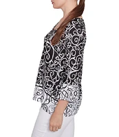 Ruby Rd. Whirlwind Heart Border Print Knit Sweetheart Neck 3/4 Sleeve Top