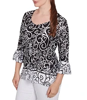 Ruby Rd. Whirlwind Heart Border Print Knit Sweetheart Neck 3/4 Sleeve Top