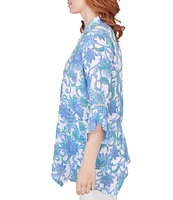 Ruby Rd. Woven Bali Floral Point Collar 3/4 Flounce Sleeve Lace Trim Button-Front Shirt