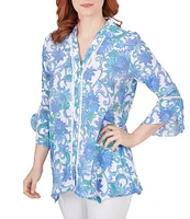 Ruby Rd. Woven Bali Floral Point Collar 3/4 Flounce Sleeve Lace Trim Button-Front Shirt