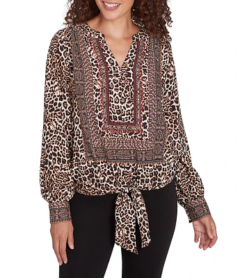 Ruby Rd. Woven Beaded Animal Print Split V-Neck Long Blouson Sleeve Tie-Front Top