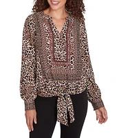 Ruby Rd. Woven Beaded Animal Print Split V-Neck Long Blouson Sleeve Tie-Front Top