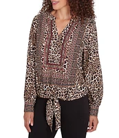 Ruby Rd. Woven Beaded Animal Print Split V-Neck Long Blouson Sleeve Tie-Front Top