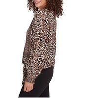 Ruby Rd. Woven Beaded Animal Print Split V-Neck Long Blouson Sleeve Tie-Front Top