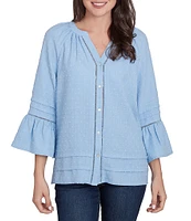 Ruby Rd. Woven Embellished Trim Clip-Dot Mandarin Collar 3/4 Sleeve Button-Front Top