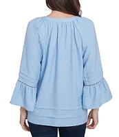 Ruby Rd. Woven Embellished Trim Clip-Dot Mandarin Collar 3/4 Sleeve Button-Front Top