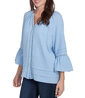 Ruby Rd. Woven Embellished Trim Clip-Dot Mandarin Collar 3/4 Sleeve Button-Front Top