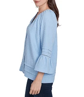 Ruby Rd. Woven Embellished Trim Clip-Dot Mandarin Collar 3/4 Sleeve Button-Front Top