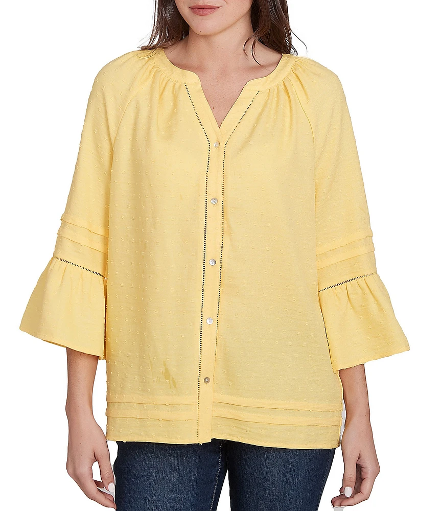 Ruby Rd. Woven Embellished Trim Clip-Dot Mandarin Collar 3/4 Sleeve Button-Front Top