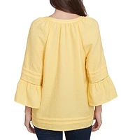 Ruby Rd. Woven Embellished Trim Clip-Dot Mandarin Collar 3/4 Sleeve Button-Front Top