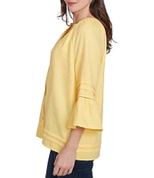 Ruby Rd. Woven Embellished Trim Clip-Dot Mandarin Collar 3/4 Sleeve Button-Front Top