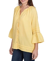 Ruby Rd. Woven Embellished Trim Clip-Dot Mandarin Collar 3/4 Sleeve Button-Front Top
