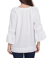 Ruby Rd. Woven Embellished Trim Clip-Dot Mandarin Collar 3/4 Sleeve Button-Front Top