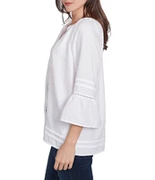 Ruby Rd. Woven Embellished Trim Clip-Dot Mandarin Collar 3/4 Sleeve Button-Front Top