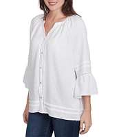 Ruby Rd. Woven Embellished Trim Clip-Dot Mandarin Collar 3/4 Sleeve Button-Front Top