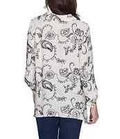 Ruby Rd. Woven Floral Embroidered Notch Collar 3/4 Roll-Tab Sleeve Top