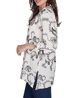 Ruby Rd. Woven Floral Embroidered Notch Collar 3/4 Roll-Tab Sleeve Top