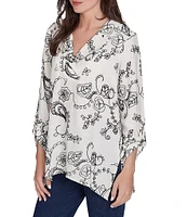 Ruby Rd. Woven Floral Embroidered Notch Collar 3/4 Roll-Tab Sleeve Top