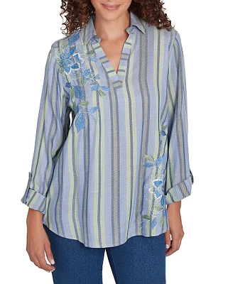 Ruby Rd. Woven Embroidered Floral Stripe Collared V-Neck Long Roll-Tab Sleeve Blouse