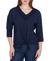 Ruby Rd. Woven Gauze V-Neck 3/4 Sleeve Tie-Front Top