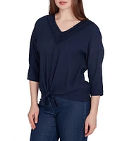 Ruby Rd. Woven Gauze V-Neck 3/4 Sleeve Tie-Front Top