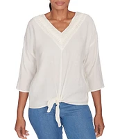 Ruby Rd. Woven Gauze V-Neck 3/4 Sleeve Tie-Front Top