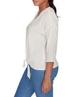 Ruby Rd. Woven Gauze V-Neck 3/4 Sleeve Tie-Front Top