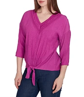 Ruby Rd. Woven Gauze V-Neck 3/4 Sleeve Tie-Front Top