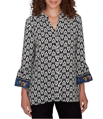 Ruby Rd. Woven Ikat Border Print Band Neck 3/4 Sleeve Button-Front Top