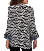 Ruby Rd. Woven Ikat Border Print Band Neck 3/4 Sleeve Button-Front Top