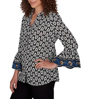 Ruby Rd. Woven Ikat Border Print Band Neck 3/4 Sleeve Button-Front Top