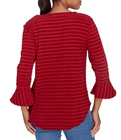 Ruby Rd. Woven Luxe Crew Neck 3/4 Flounce Sleeve Smocked Stripe Top