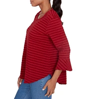 Ruby Rd. Woven Luxe Crew Neck 3/4 Flounce Sleeve Smocked Stripe Top