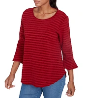 Ruby Rd. Woven Luxe Crew Neck 3/4 Flounce Sleeve Smocked Stripe Top