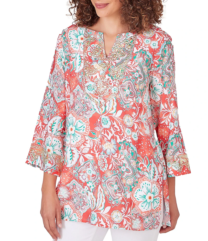 Ruby Rd. Woven Medallion Floral Split V-Neck 3/4 Sleeve Voile Top