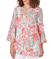 Ruby Rd. Woven Medallion Floral Split V-Neck 3/4 Sleeve Voile Top