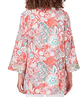 Ruby Rd. Woven Medallion Floral Split V-Neck 3/4 Sleeve Voile Top