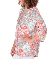 Ruby Rd. Woven Medallion Floral Split V-Neck 3/4 Sleeve Voile Top